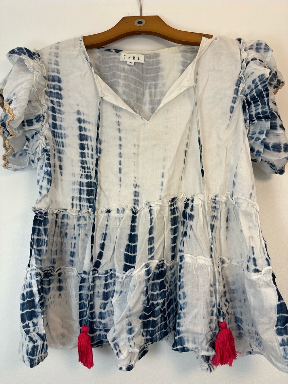 THML White and Navy Tie-Dye Peasant Tunic with Pink Tassels